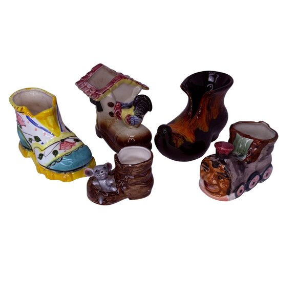 Vintage Ceramic Shoe Planter Lot Japan—Rooster Cottage, Mouse Boot, Train Boot - Picture 2 of 16